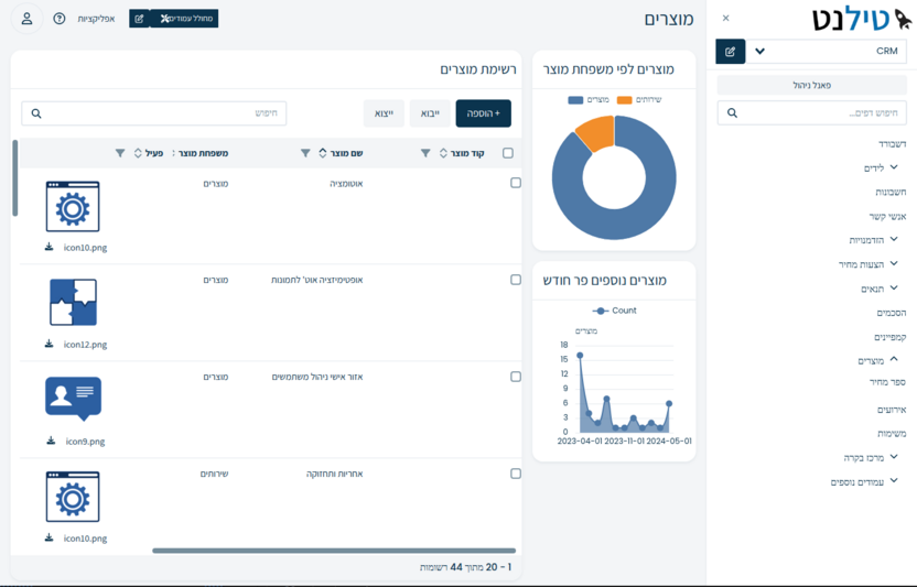 מסך ניהול מוצרים ב- CRM